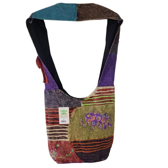 NWT Path of Spirit Elephant Purple Green Boho Tote Bag Phone Pocket 15 x 13 - Picture 1 of 4